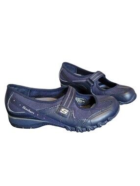 Skechers Mary Jane Bikers Walking Shoes Navy Leather Silver Glitter Sz 5.5
